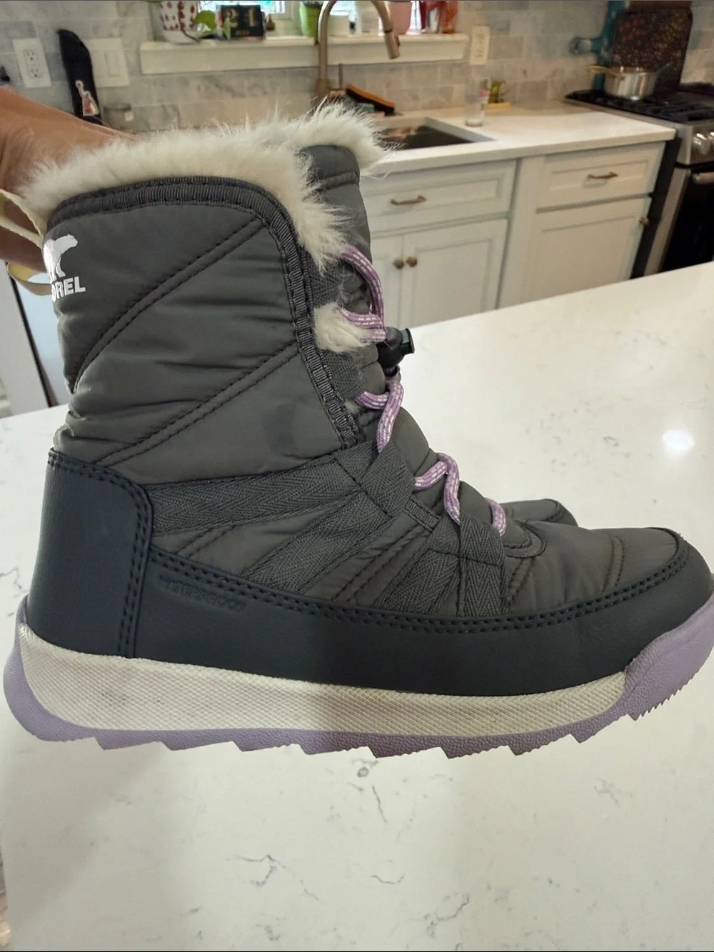 Sorel Kids Gray Winter Boots with Light Purple Accents